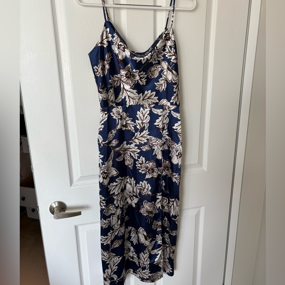 NWOT Navy Blue Satin Floral Midi Dress